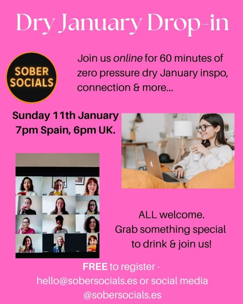 Dry January Drop in Sober Socials Spain free online event sober curious invitation