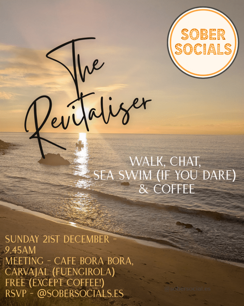 The Revitaliser December Sober Social event in Fuengirola details with sunrise in the background and the Carvajal beach Spain